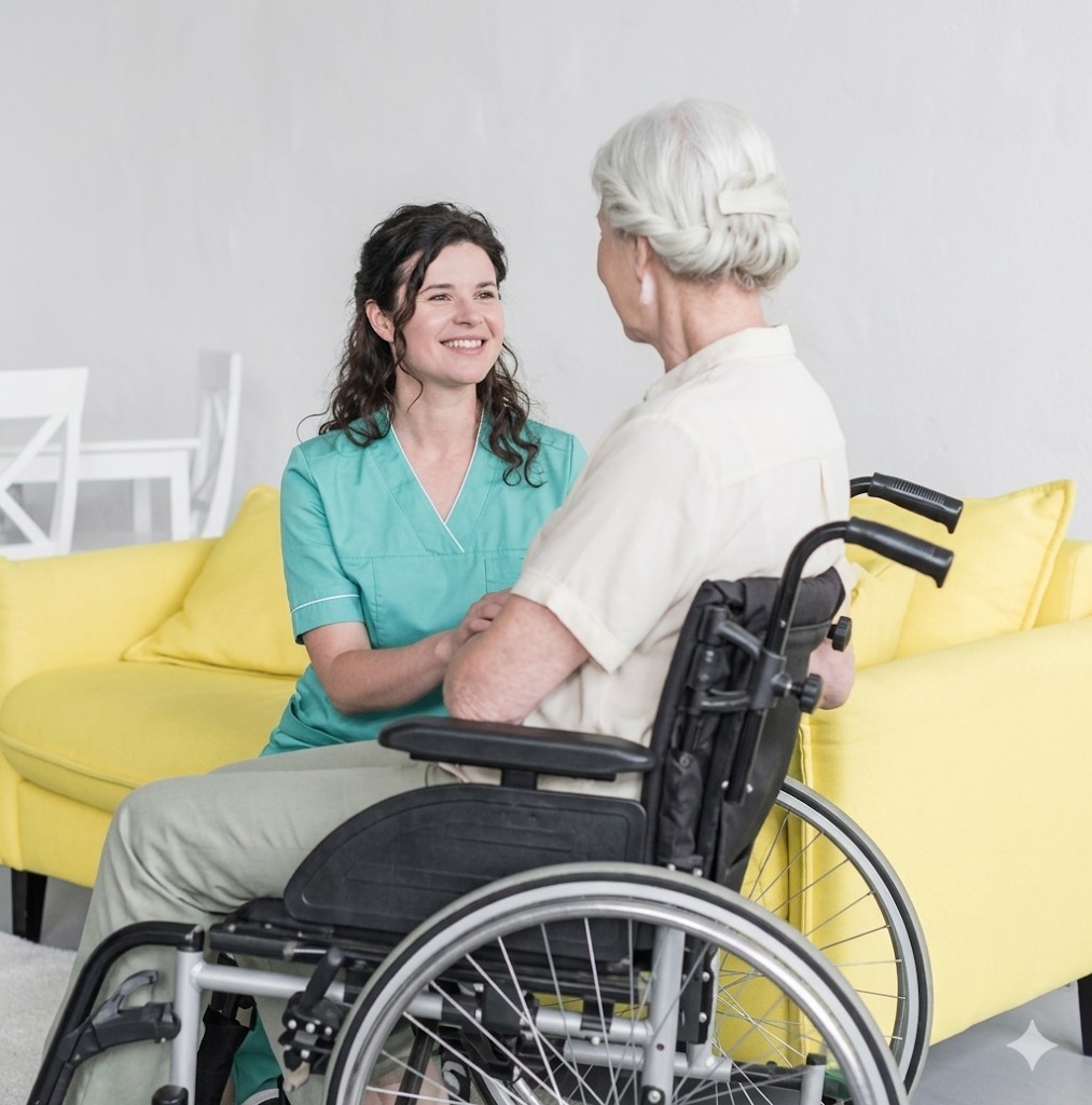 Caregiver in teal scrubs with a senior in a wheelchair in a bright care setting